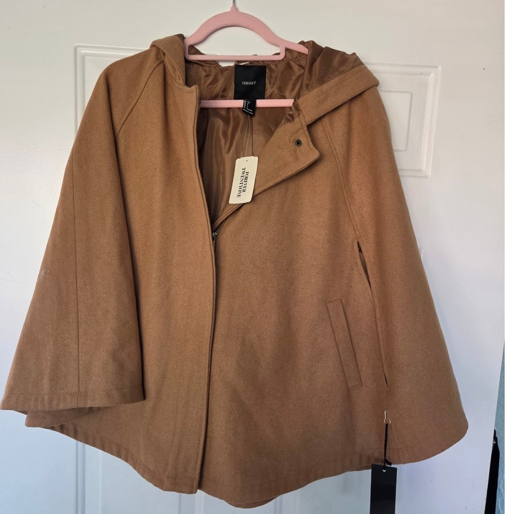 Forever 21 Womens Camel Brown Hooded Cape Coat Zip Front Poncho Jacket Large NWT